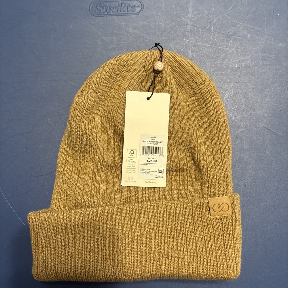 CALIA Women's Ribbed Beanie Hat Tan Brown Knit Cuffed Winter OSFM Cozy Warm